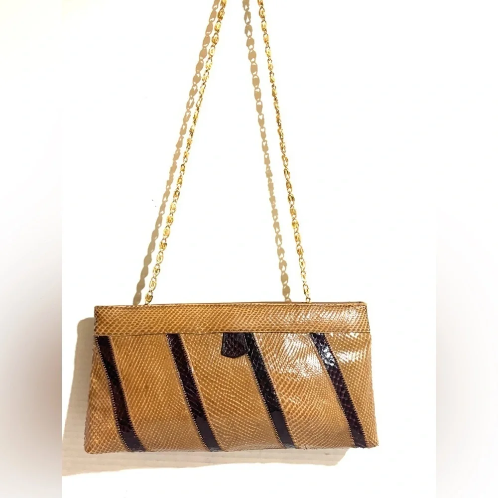 Vintage snakeskin, leather Tan and Black Striped Shoulder Bag